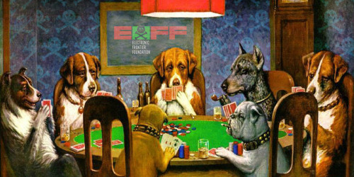 Dogs playing at the EFF Benefit Poker Tournament table