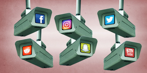 Surveillance cameras peering around, each with a social media company icon.
