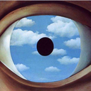 Image of Rene Magrit's "false mirror", and eye with a blue sky and clouds.