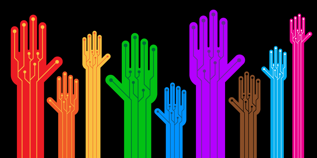 hands with circuit patterns in LGBTQ+ flag colors