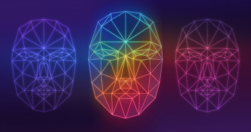 The angular outline of three faces as a computer might see them, colored like a rainbow